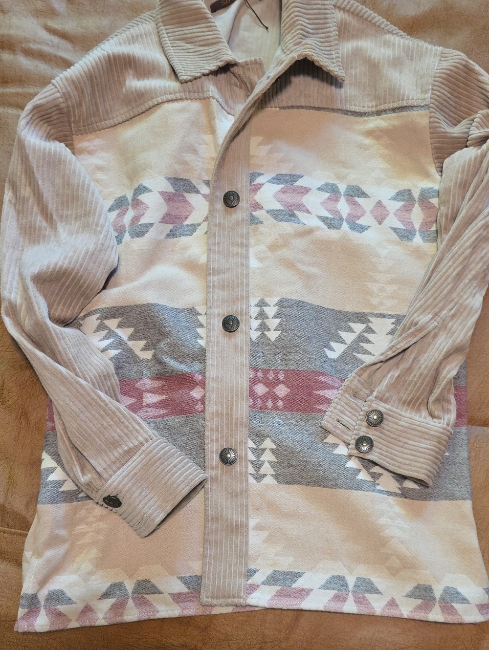 Shyanne Beige Corduroy & Aztec Button-Down Shirt Jacket